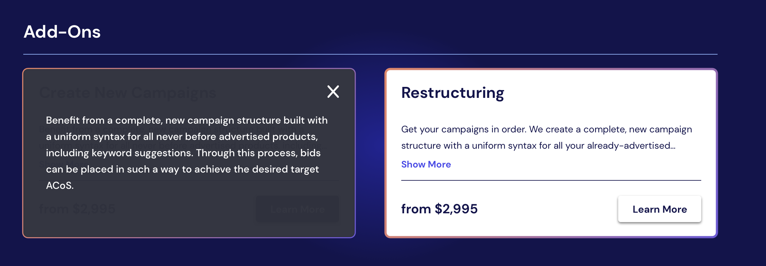Static Image of BidX Redesign Interaction 2 - Add-on Learn More Click Modal Information